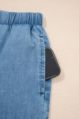 Dusk Blue Ruffled Hem Wide Leg Chambray Pants