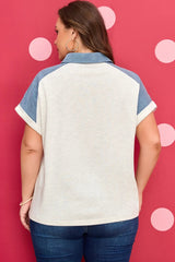 Beige Plus Size Contrast Denim Patchwork Cuffed Sleeve Polo Tee