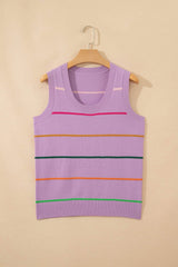 Purple Stripe Round Neck Knitted Sweater Tank