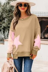 Rose Pink Contrast Star Patchwork Exposed Seam Uneven Hem Drop Shoulder Sweatshirt