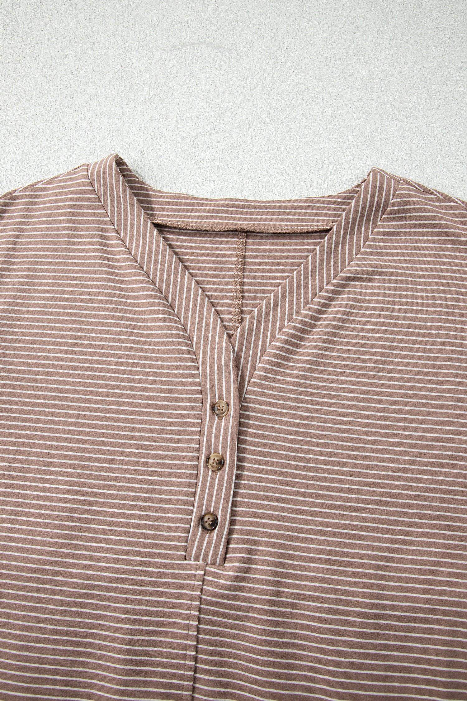 Khaki Stripe Buttoned V Neck High Low Side Slit T Shirt