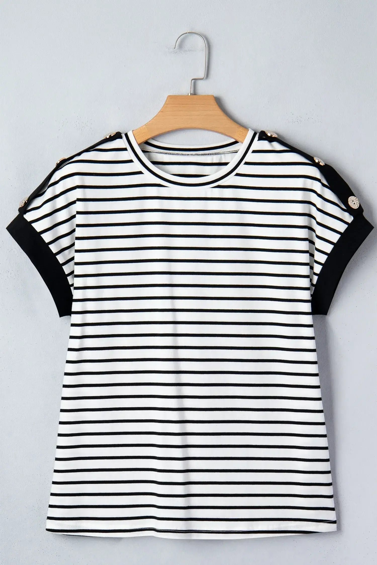 Black Stripe Cuffed Sleeve Button Detail Loose Tee