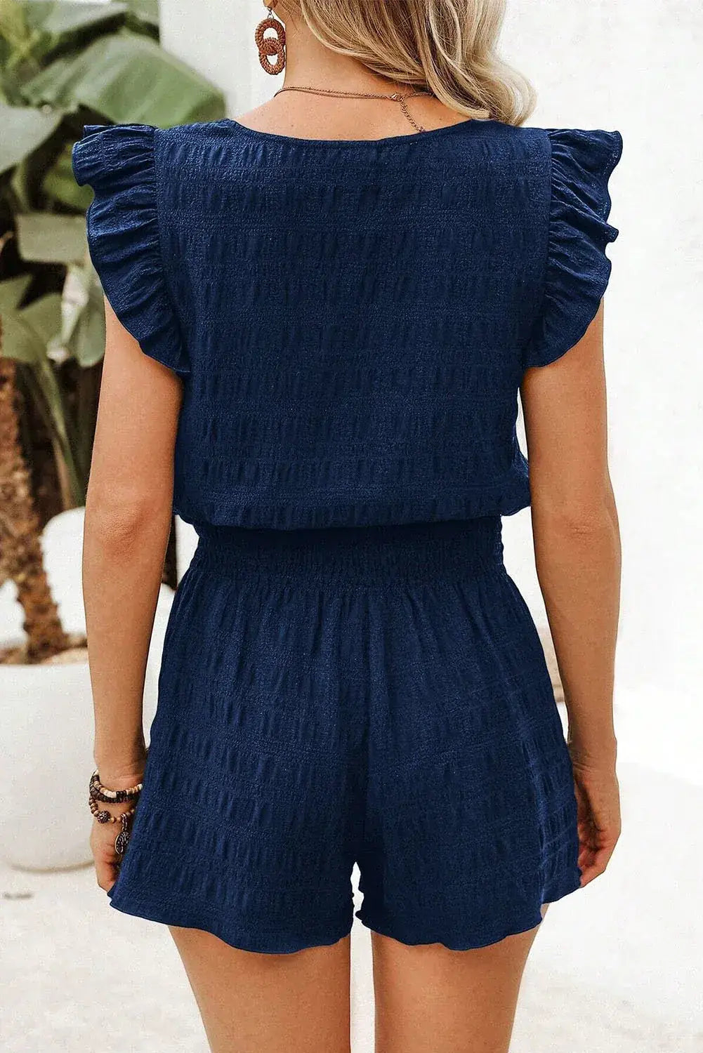 Black Textured Square Neck Top and Shirred High Waist Shorts Set