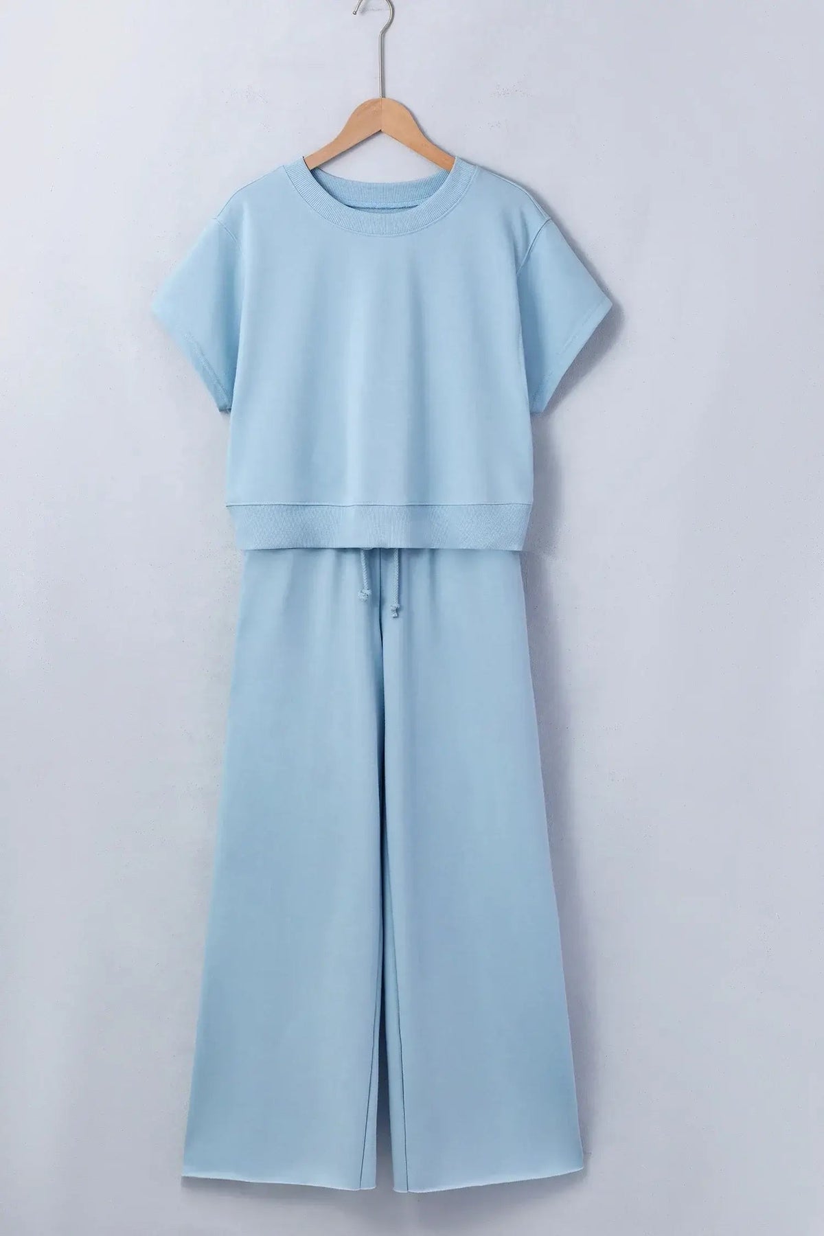 Clearly Aqua Solid Color Loose Tee Drawstring Wide Leg Pants 2pcs Outfit