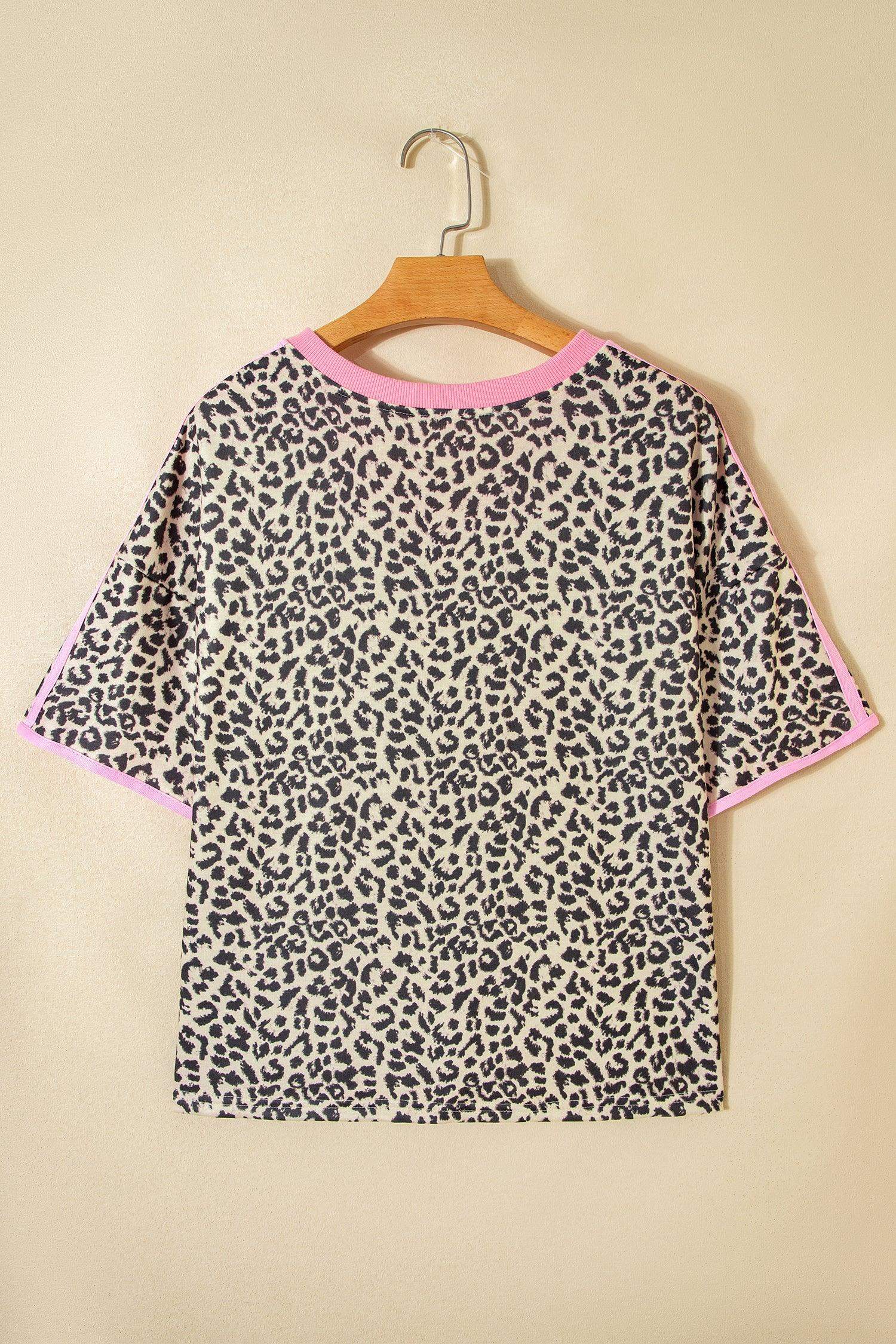 White Contrast V Neck Varsity Short Sleeve Leopard Top