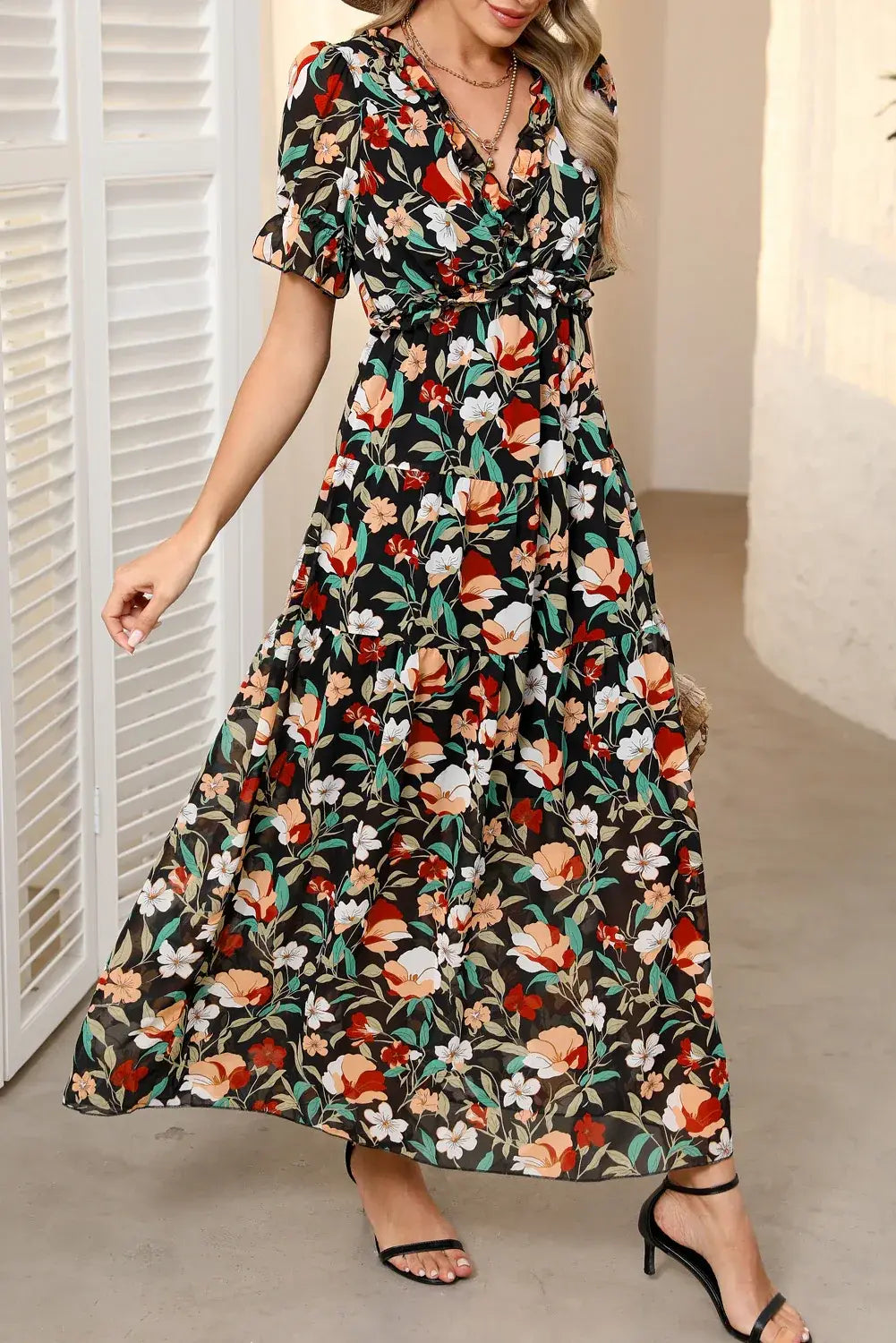 Multicolor Fiery Floral Print Frilled V Neck Short Sleeve Maxi Dress