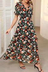 Multicolor Fiery Floral Print Frilled V Neck Short Sleeve Maxi Dress