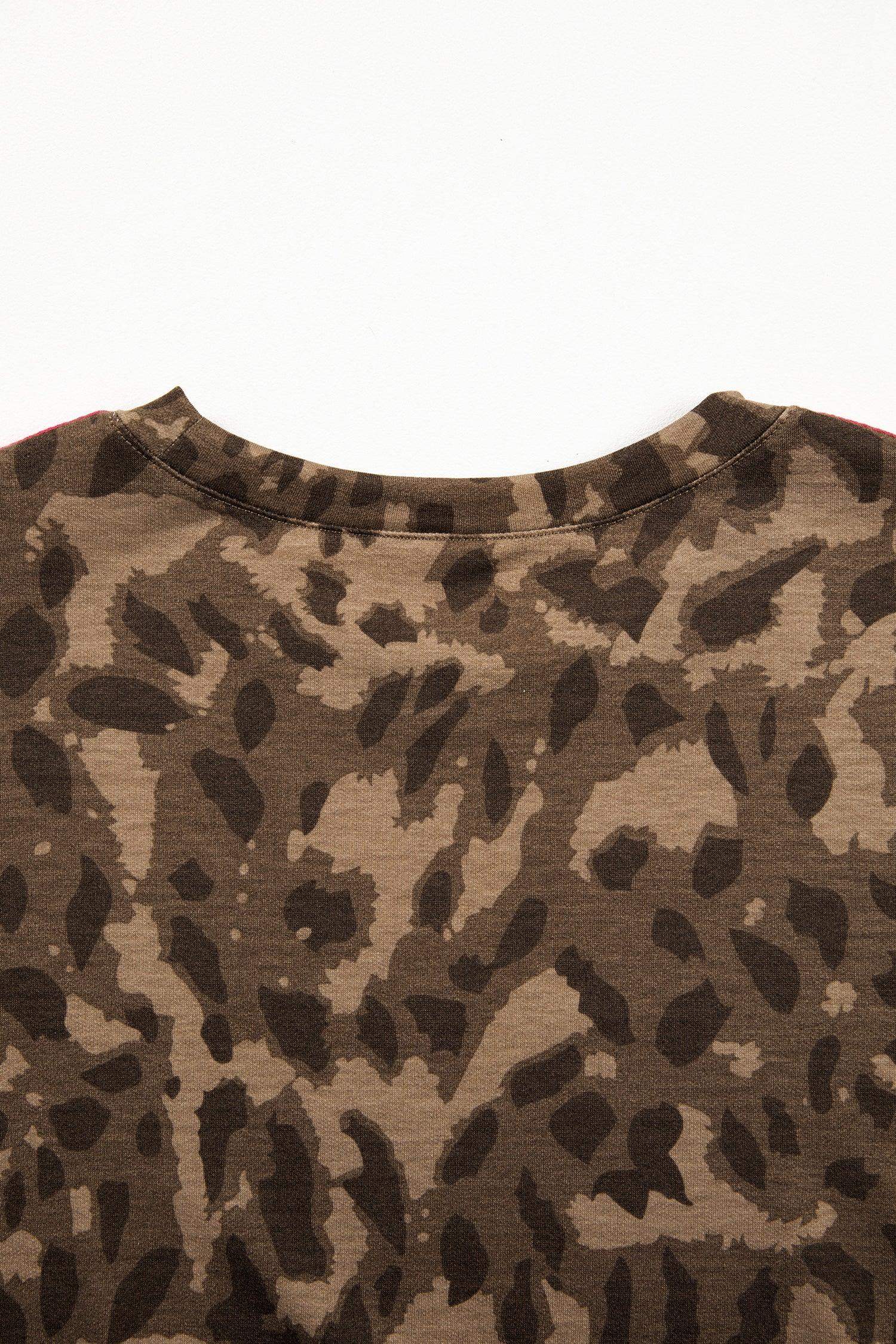 Brown Loose Contrast Striped Accent Leopard T Shirt Mini Dress with Pockets