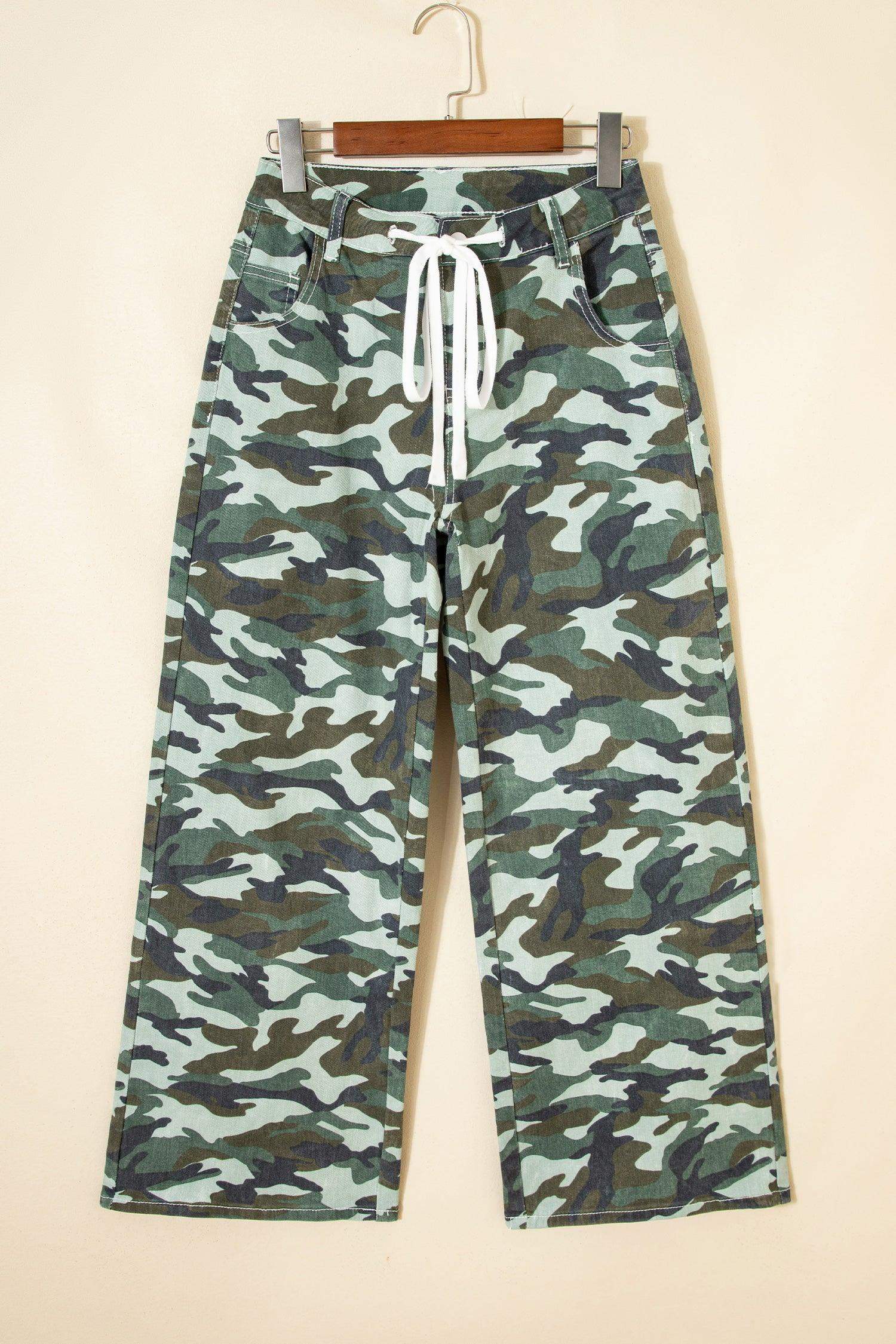 Green Camouflage Print Wide Leg Drawstring Denim Pants