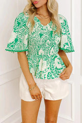 Green Flirty Floral Smocked V Neck Blouse