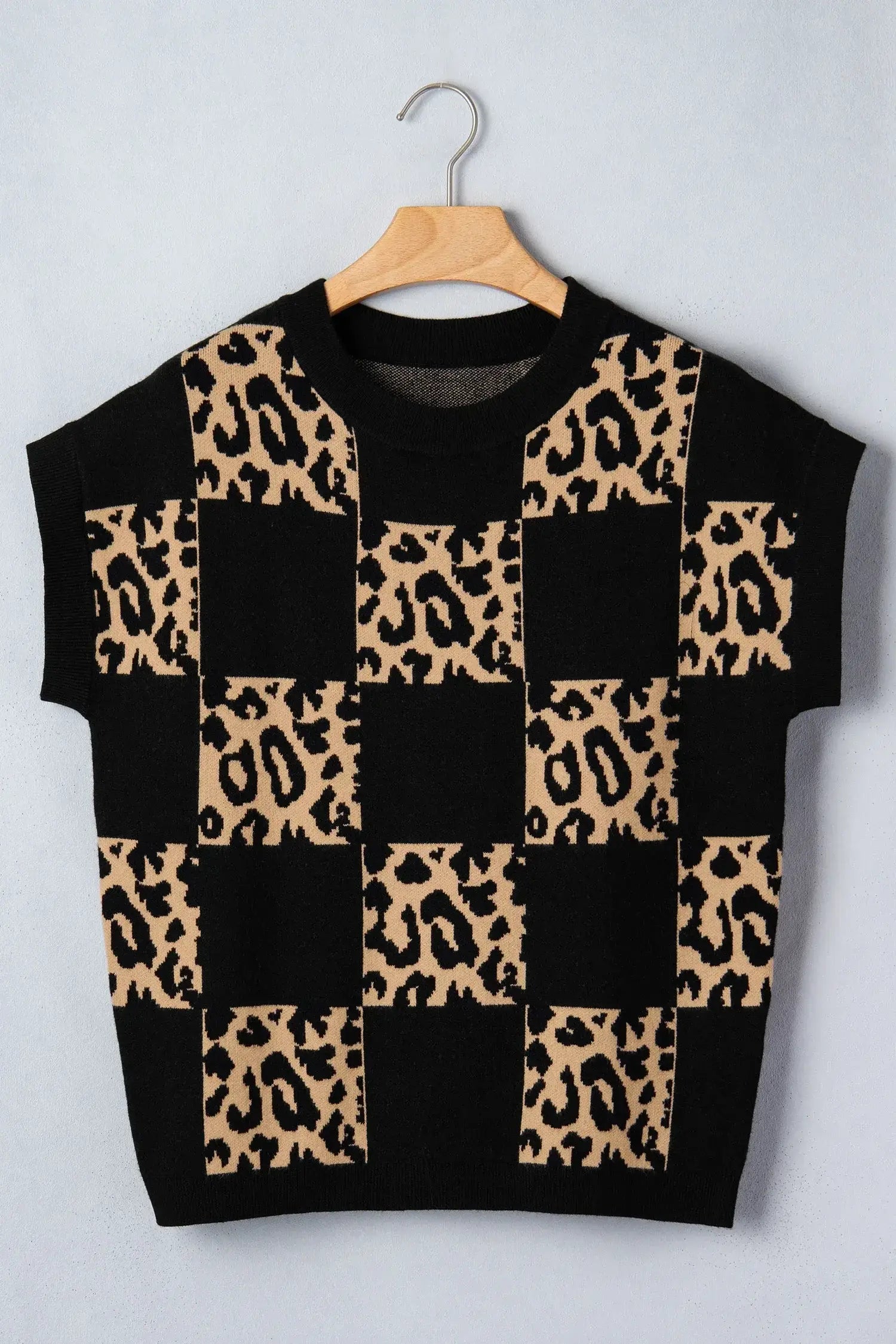 Red Leopard Checkerboard Short Sleeve Knit Sweater