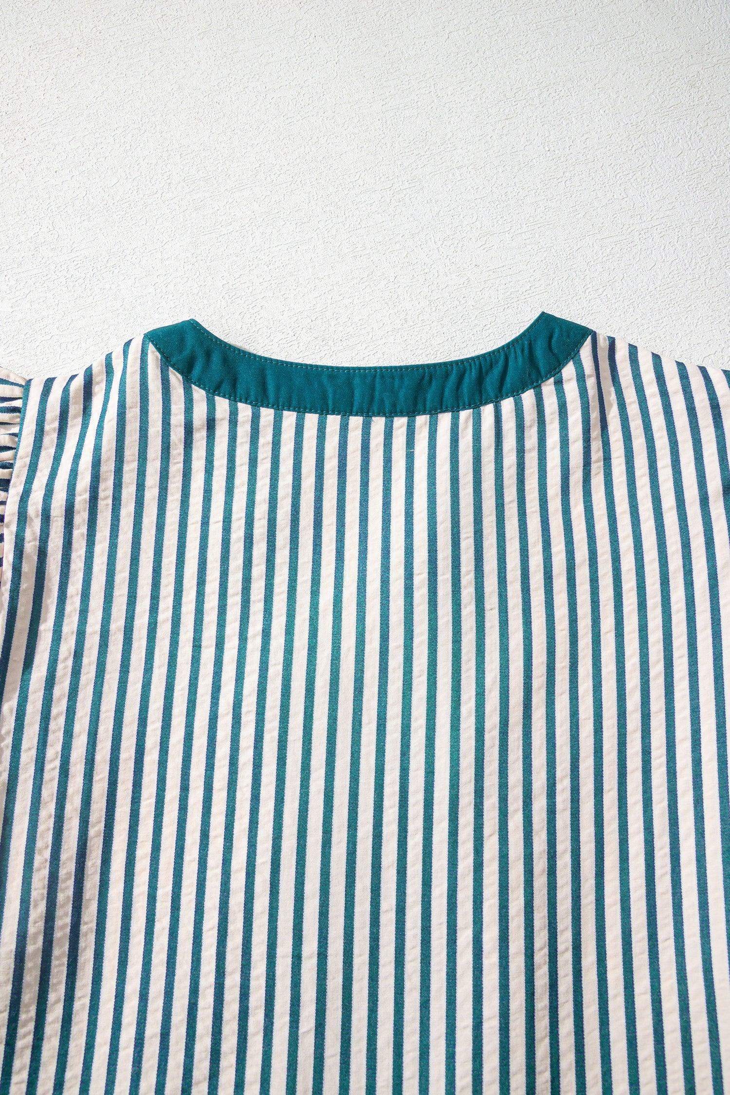 Green Stripe Double Ruffled Short Sleeve Contrast Trim V Neck Midi Dress