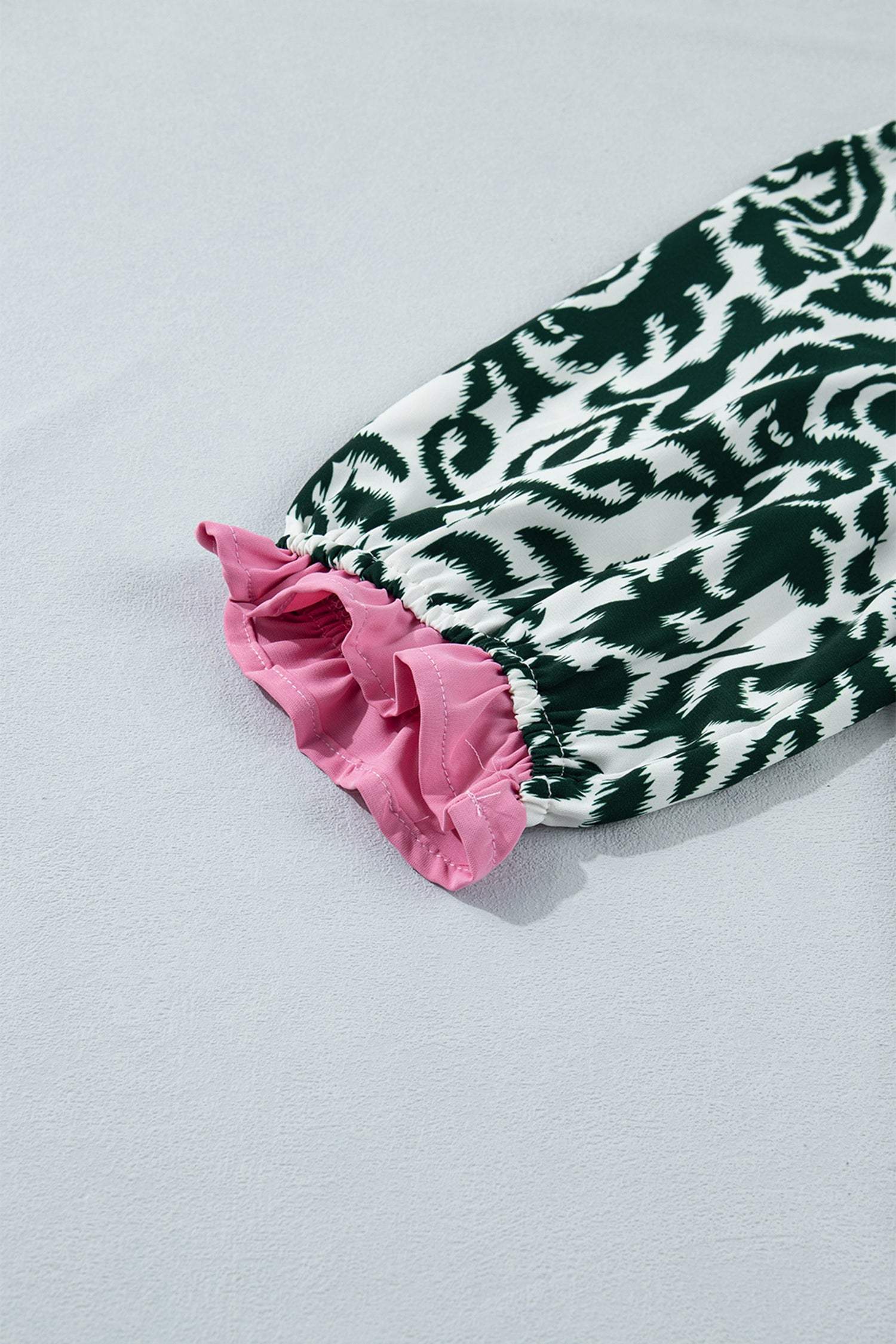 Green Damask Print Ruffled Color Block Detail Half Sleeve Blouse