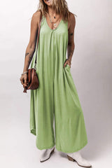 Grass Green Sleeveless V Neck Pocketed Wide Leg Jumpsuit