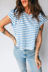 Blue Stripe Textured Short Sleeve Patchwork T Shirt