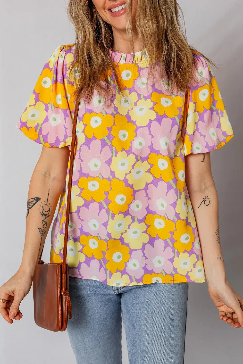 Purple Frilled Neck Puff Short Sleeve Flower Top