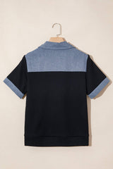 Black Waffle Knit Denim Color Block Patchwork Button Flap Polo Top