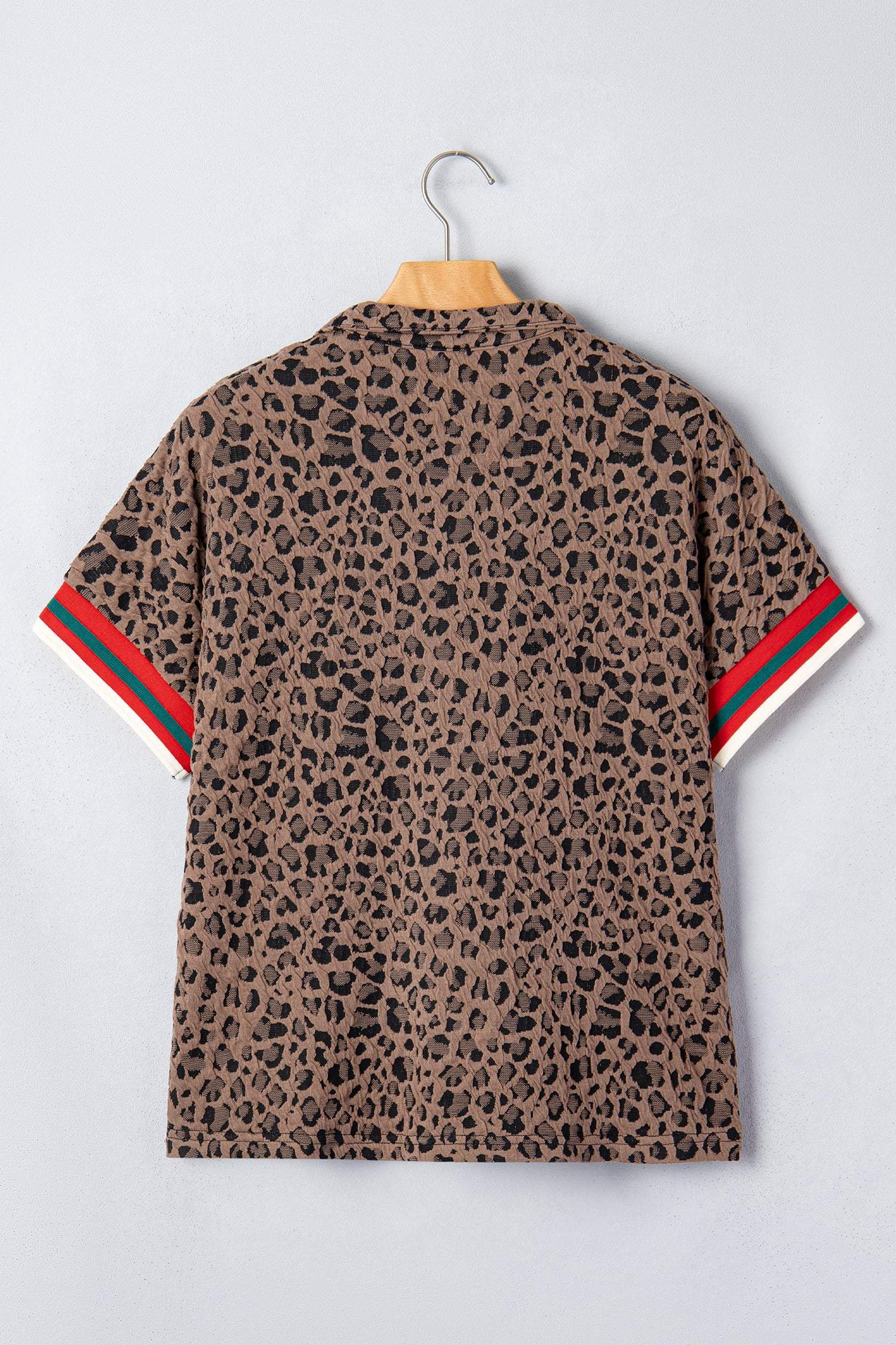 Brown Leopard Jacquard Striped Patchwork Half Zip Short Sleeve Blouse