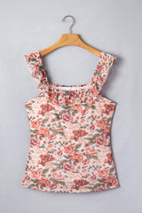 Multicolour Retro Floral Ruffle Trim Square Neck Tank Top