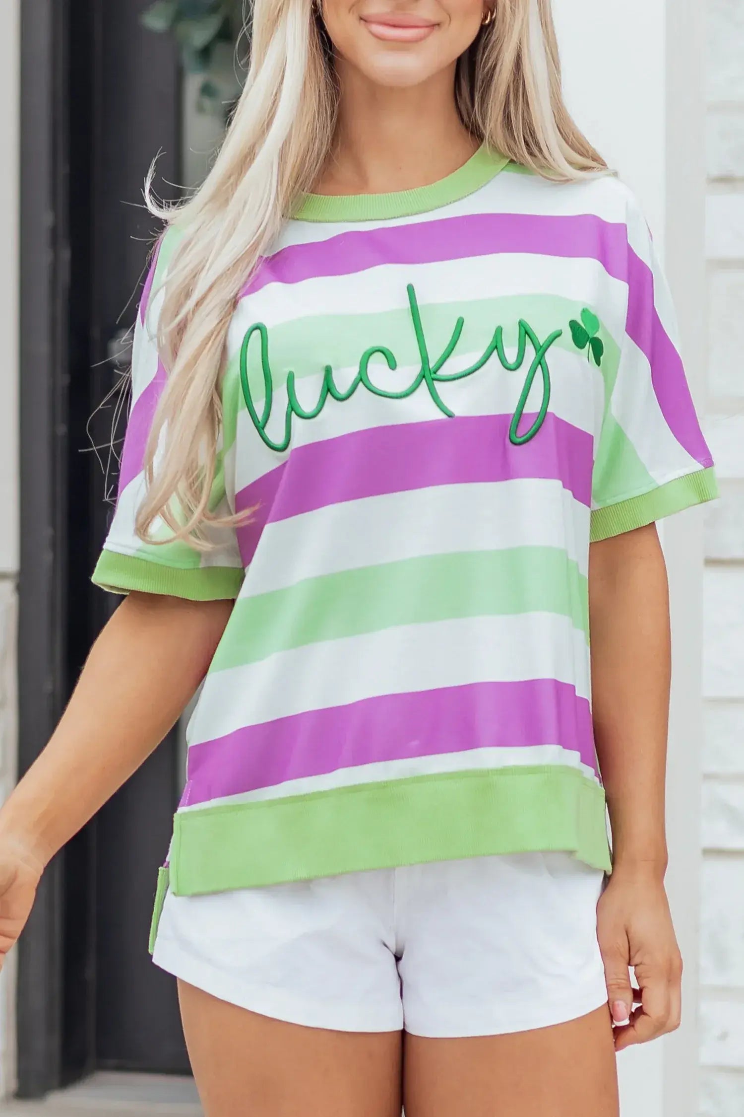 Green Stripe Lucky Clover Embroidered Graphic Dolman Loose Tee