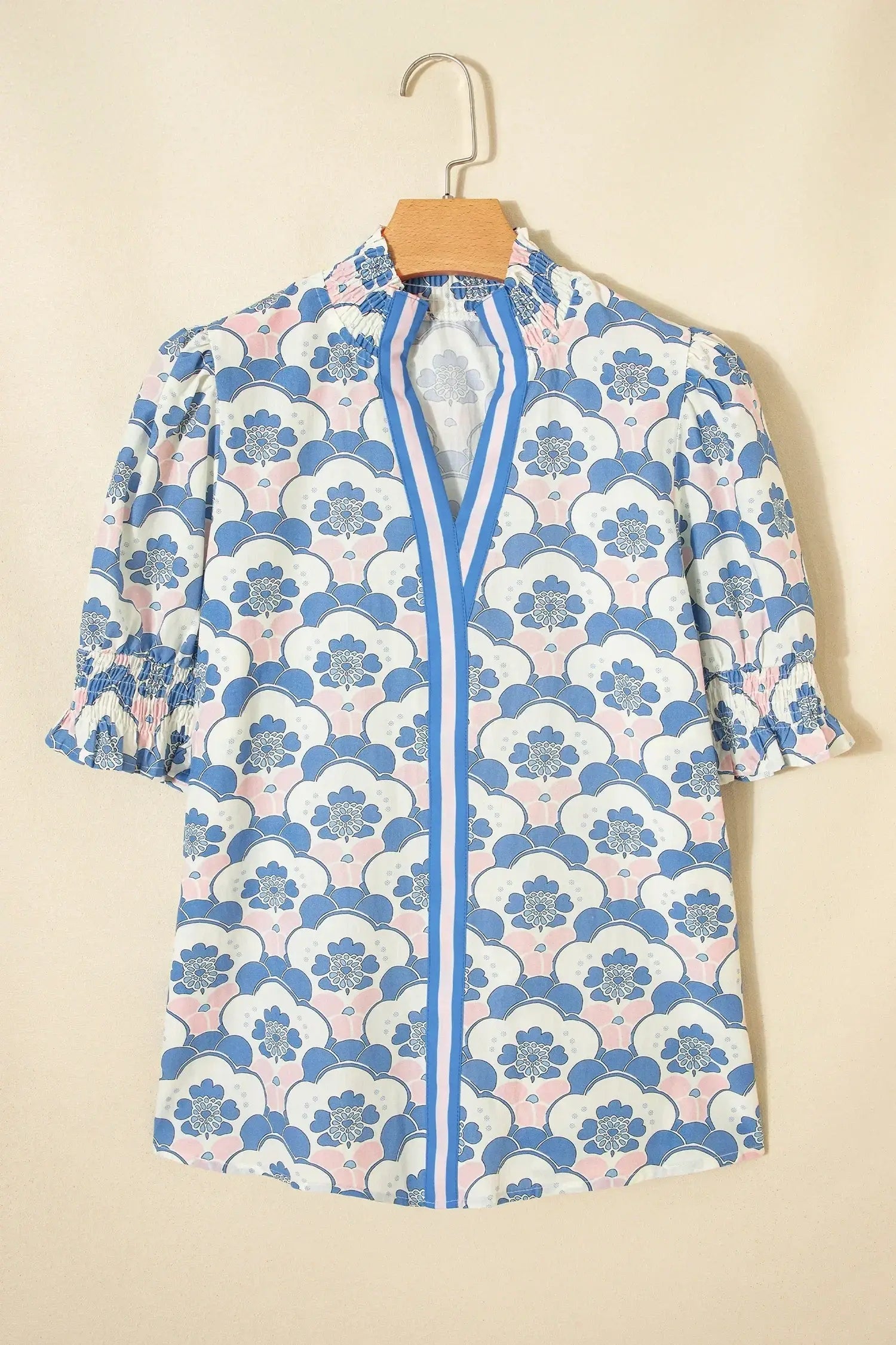 Sky Blue Floral Print Flounced Short Sleeve Contrast Trim V Neck Blouse