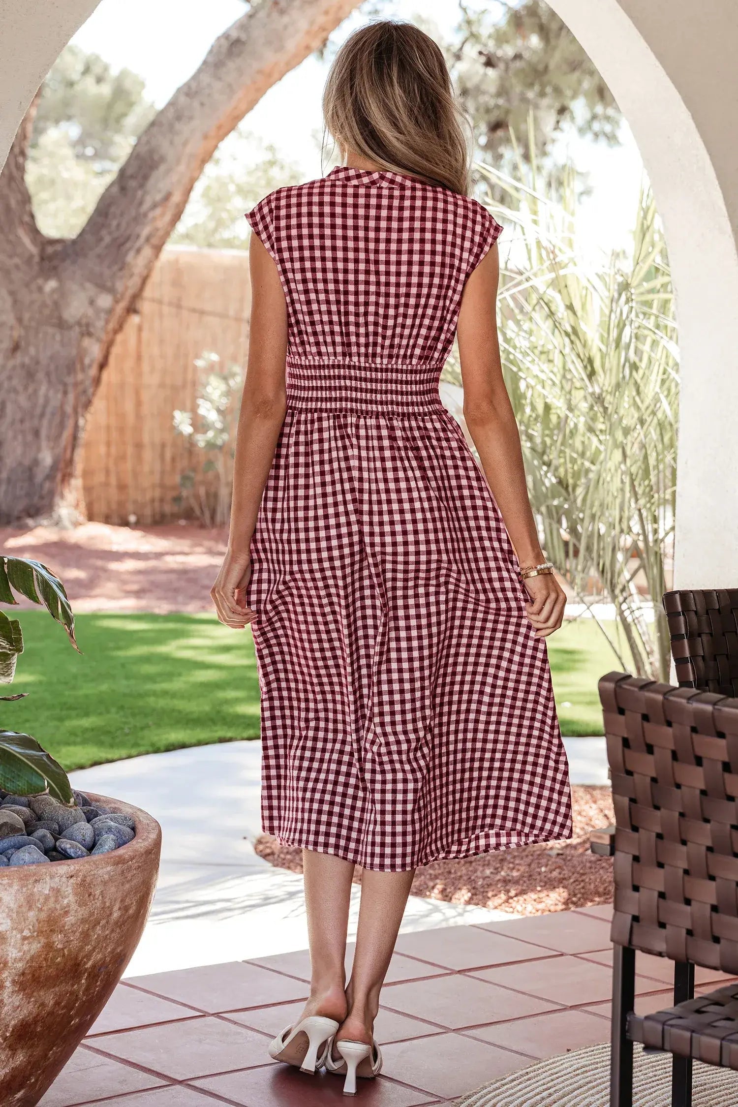 Red Plaid Print Full Zipper Cinched Waist Fit Flare Sleeveless Maxi Dress