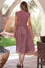 Red Plaid Print Full Zipper Cinched Waist Fit Flare Sleeveless Maxi Dress