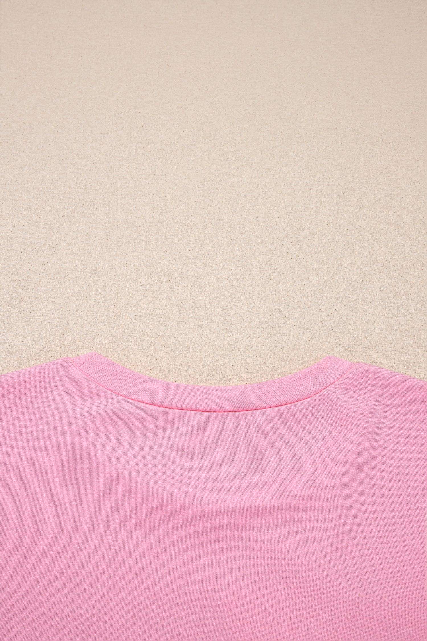 Pink Solid Color Raw Edge Bow Patch Loose T Shirt