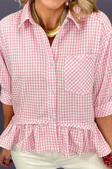 Pink Plaid Half Sleeve Ruffle Hem Button Down Shirt