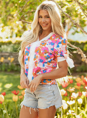 White Floral Colorblock Striped Edge V Neck Knotted Short Sleeve Blouse