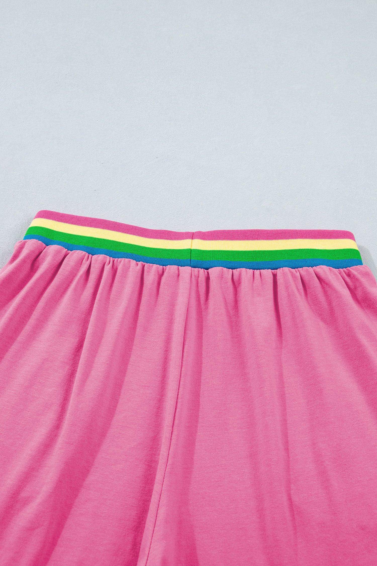Bright Pink Seam Detail Raw Edge Tee Rainbow Waistband Casual Short Set