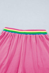 Bright Pink Seam Detail Raw Edge Tee Rainbow Waistband Casual Short Set