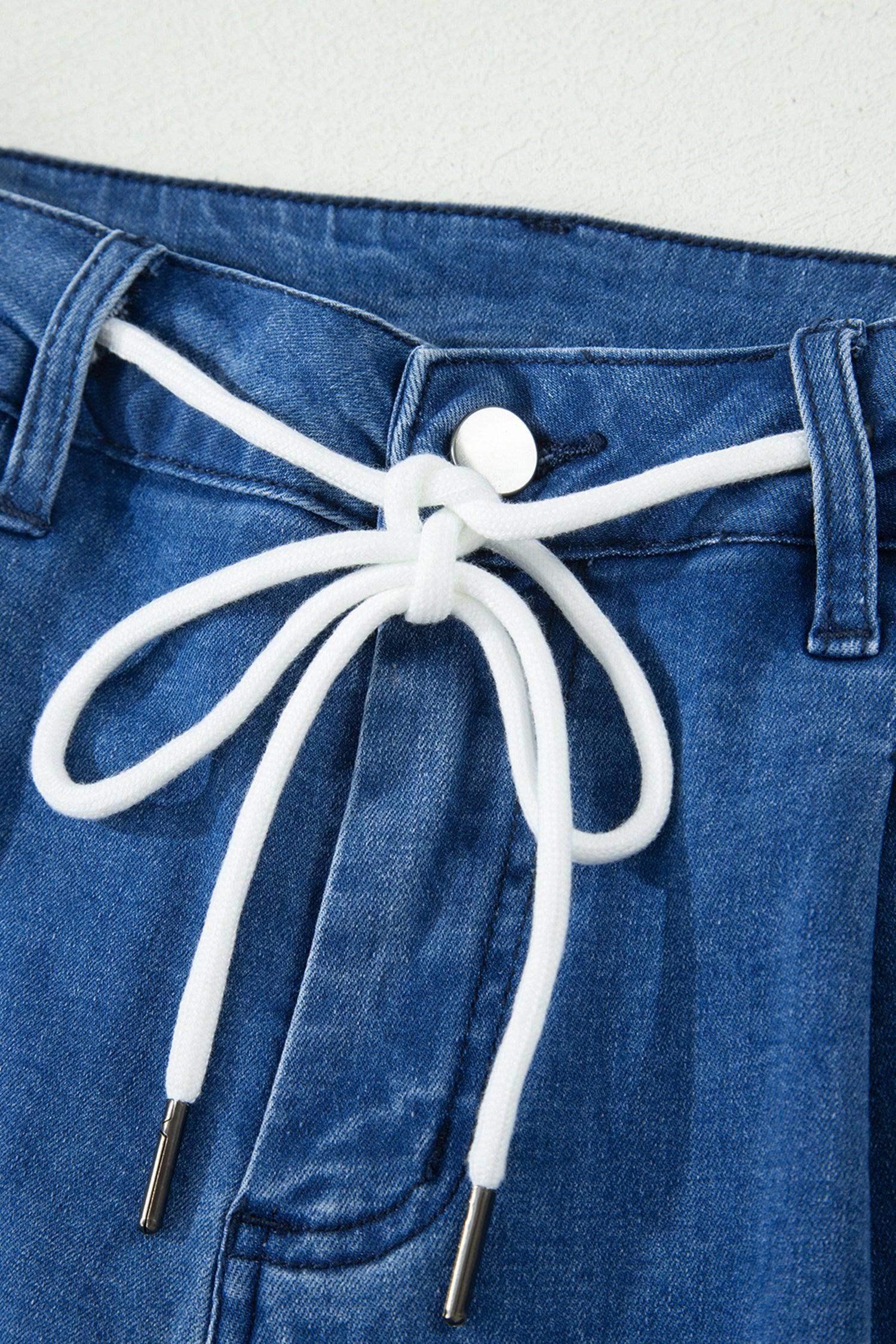 Dusk Blue Lace-up Pull on Wide Leg Jeans