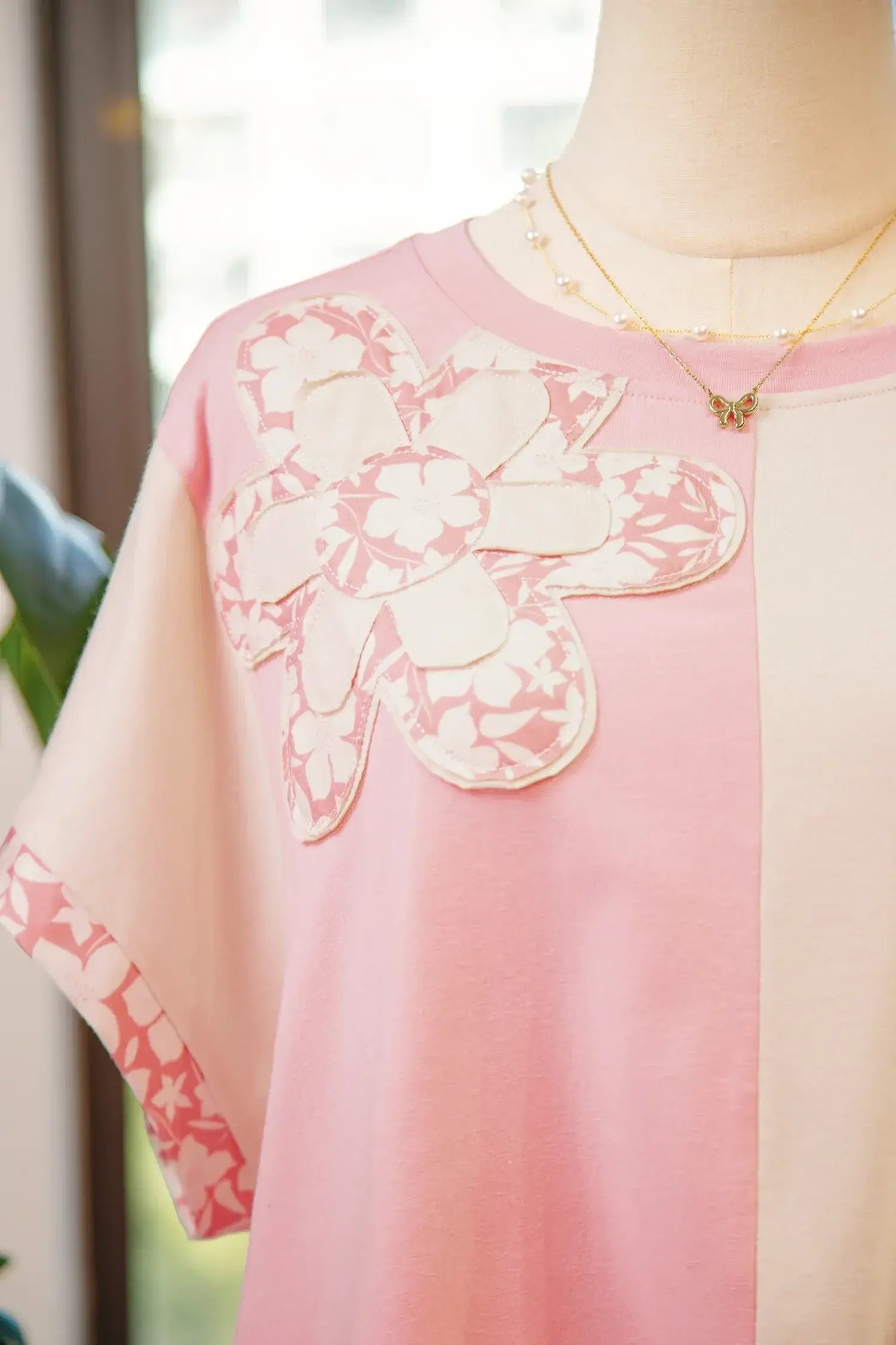 Apricot Color Block Flower Patched Loose T Shirt