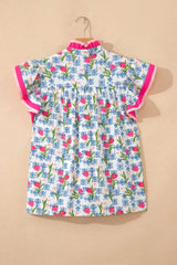 Rose Floral Print Color Block Striped Trim Flutter Sleeve Half Button Blouse