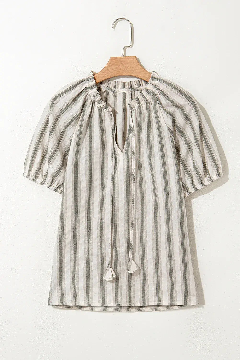 Gray Stripe Frilled Tie Neck Short Sleeve Blouse