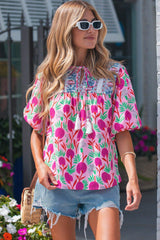 Pink Floral Print Short Sleeve Contrast Patchwork Tassel Tie Blouse