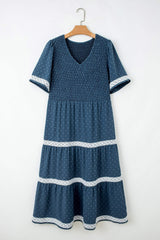 Dusk Blue Plus Size V Neck Swiss Dot Lace Patchwork Detail Flared Midi Dress