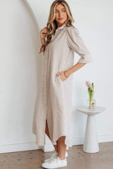 Khaki Stripe Frilled Collar Half Sleeve Shirt Maxi Dress