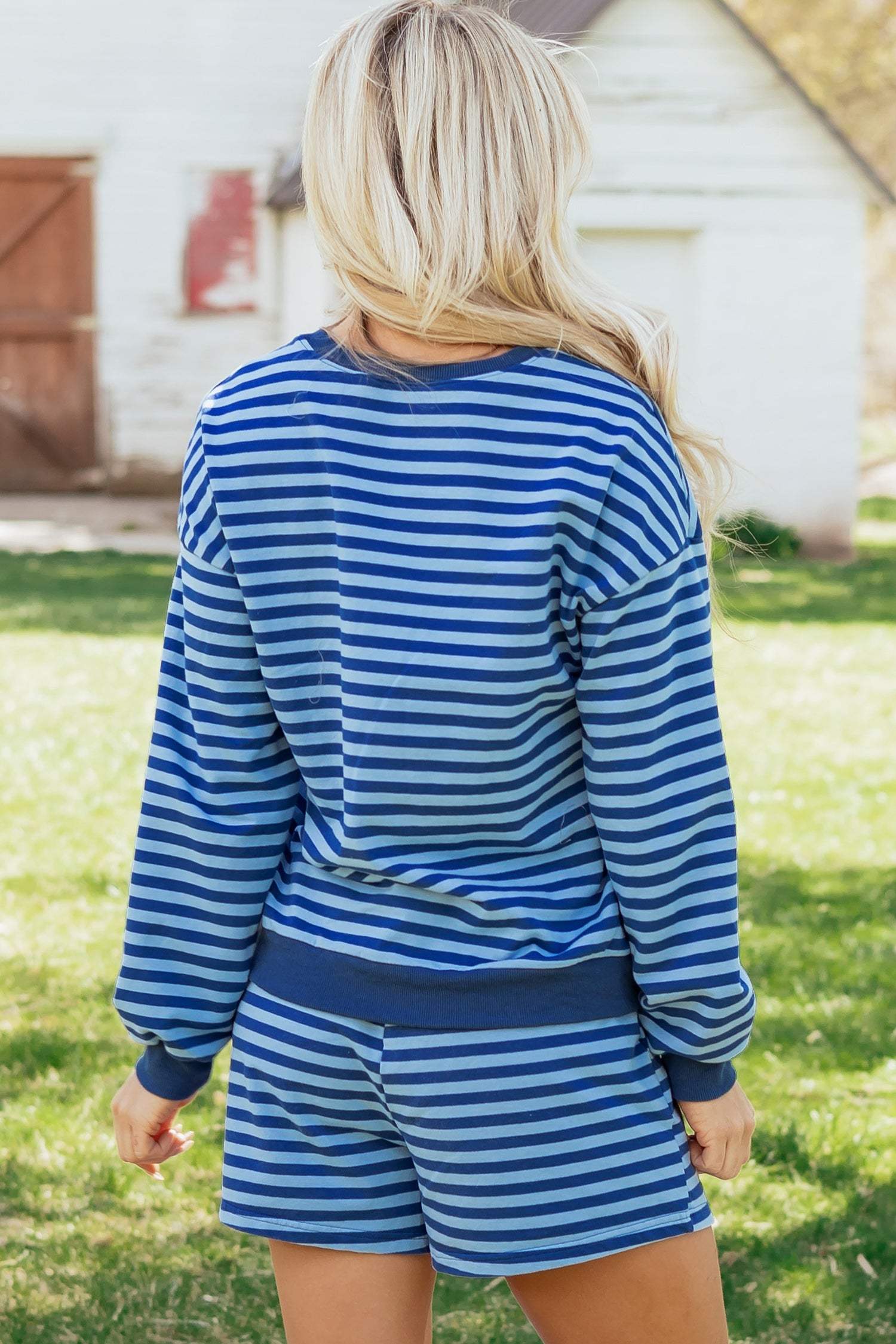 Blue Stripe Drop Shoulder Long Sleeve Pullover Elastic Waist Casual Short Set