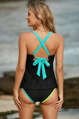 Black Floral Textured Neon Trim V Neck Crisscross Backless Tankini Set