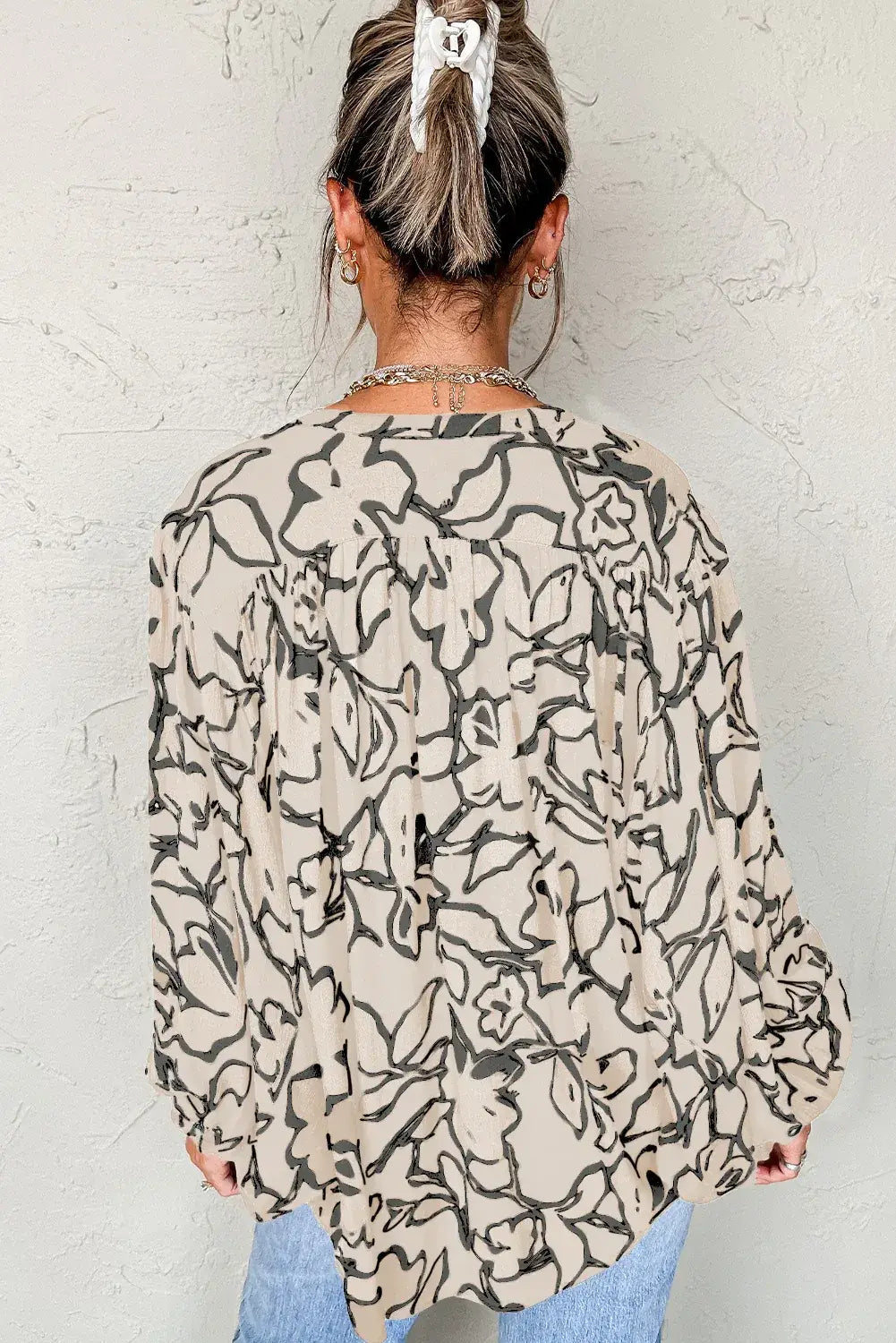 Gray Morn Floral Print Batwing Sleeve Buttoned Loose Fit Shirt