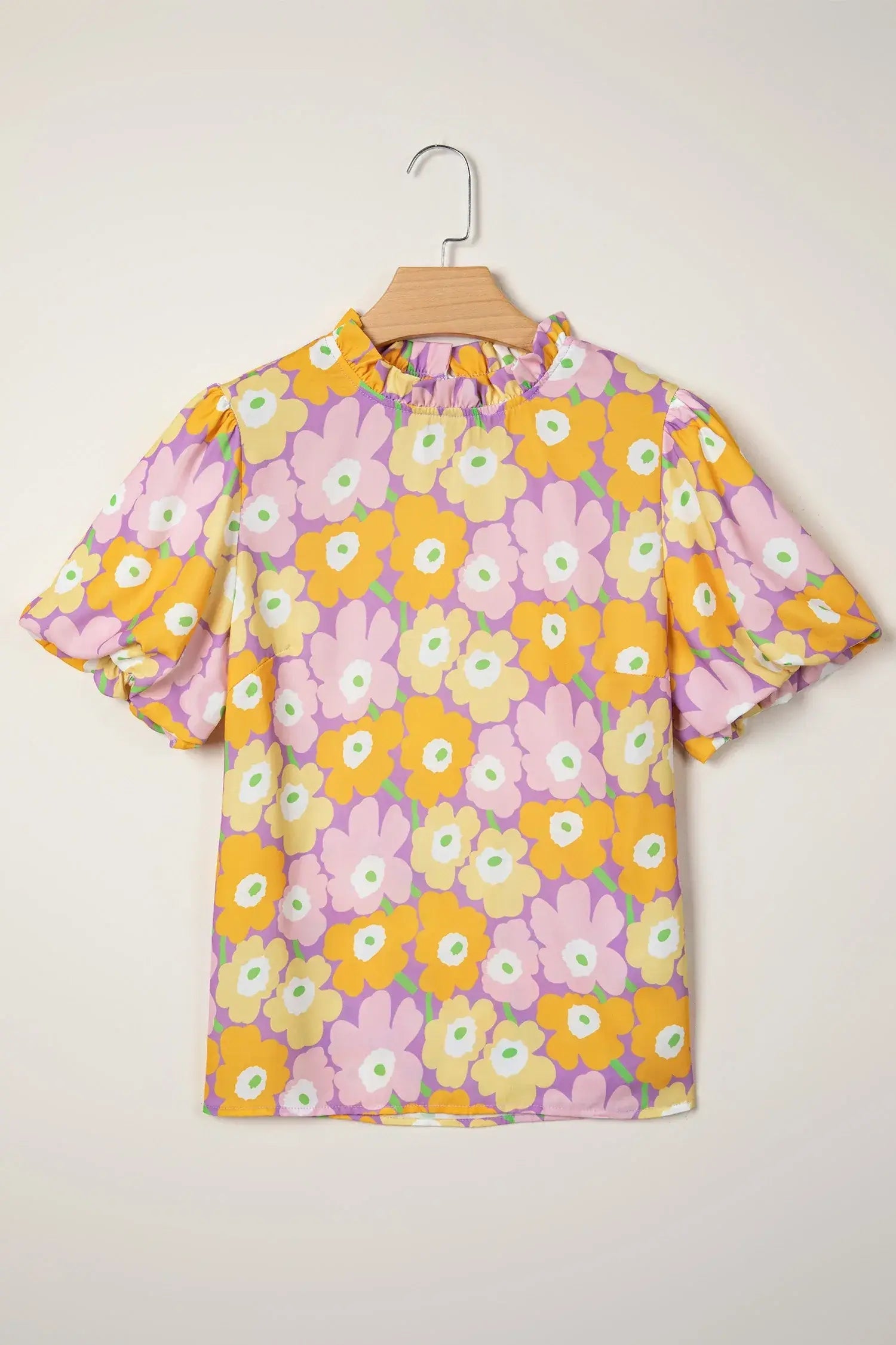Purple Frilled Neck Puff Short Sleeve Flower Top