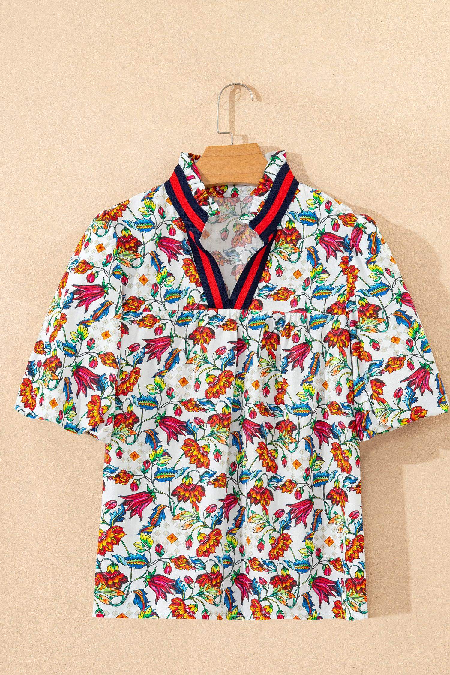 Multicolour Contrasted V Neckline Floral Puff Short Sleeve Blouse