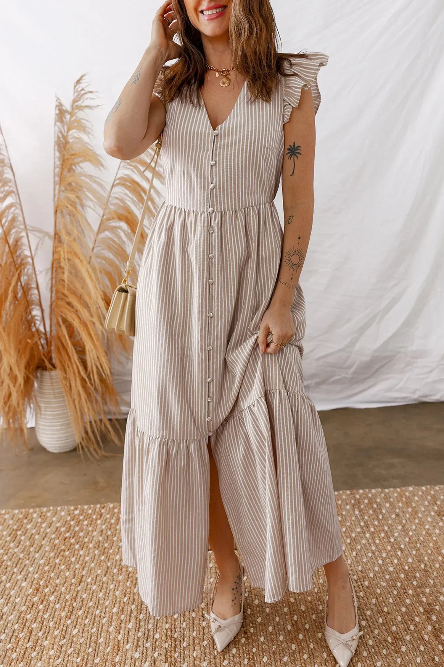Khaki Stripe Flutter Sleeve Buttoned Front Slit Maxi Dress