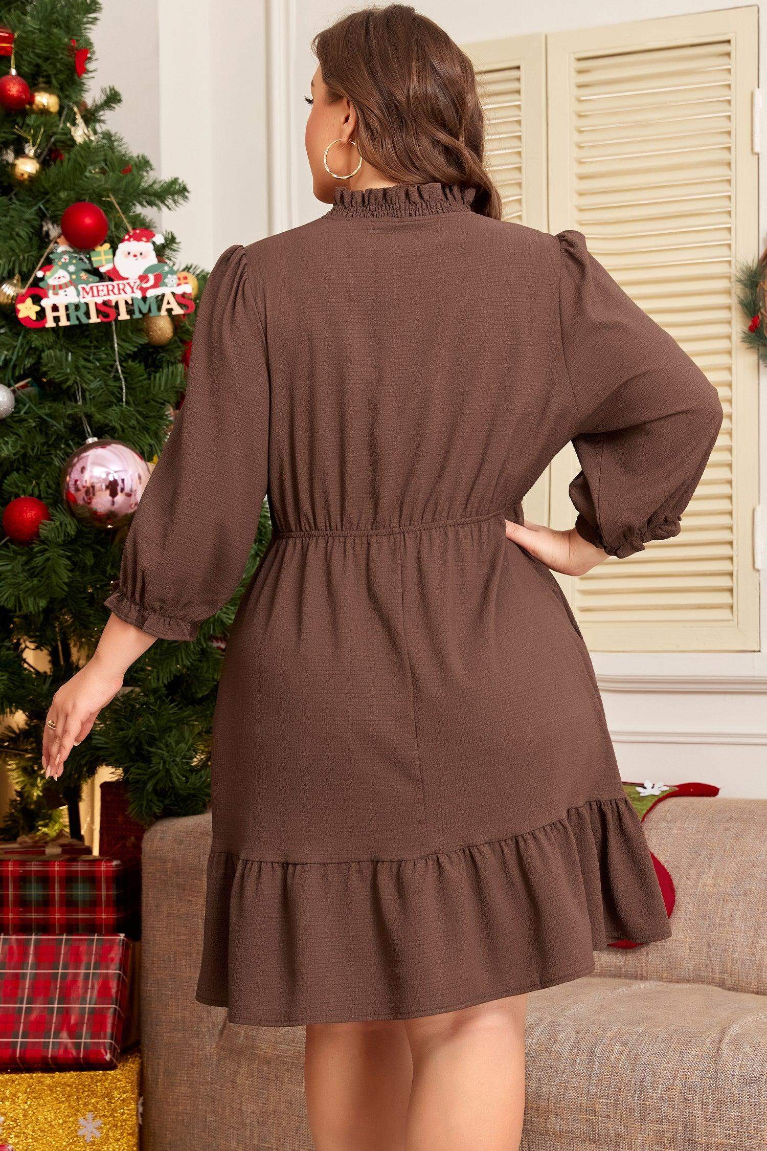 Coffee Plus Size Frilled Trim V Neck Puff Sleeve Textured Mini Dress