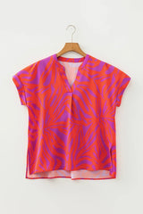 Multicolour Abstract Print V Neck Cuffed Short Sleeve Shift Slit Blouse