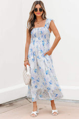 Sky Blue Floral Smocked High Waist Double Ruffle Sleeveless Long Dress