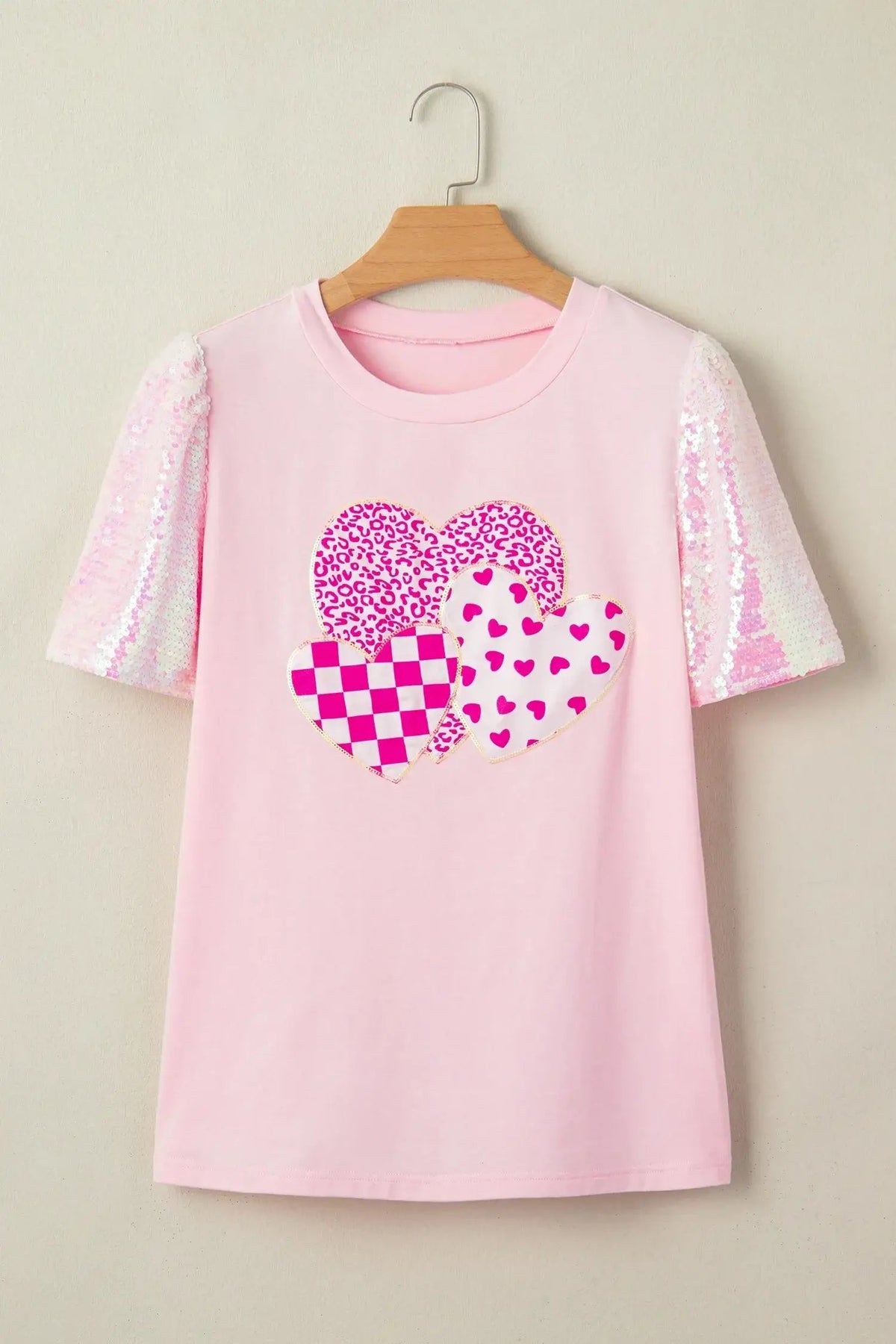 Light Pink Three Sweet Hearts Printed Sequin Trim Contrast Sleeve Patchwork Tee