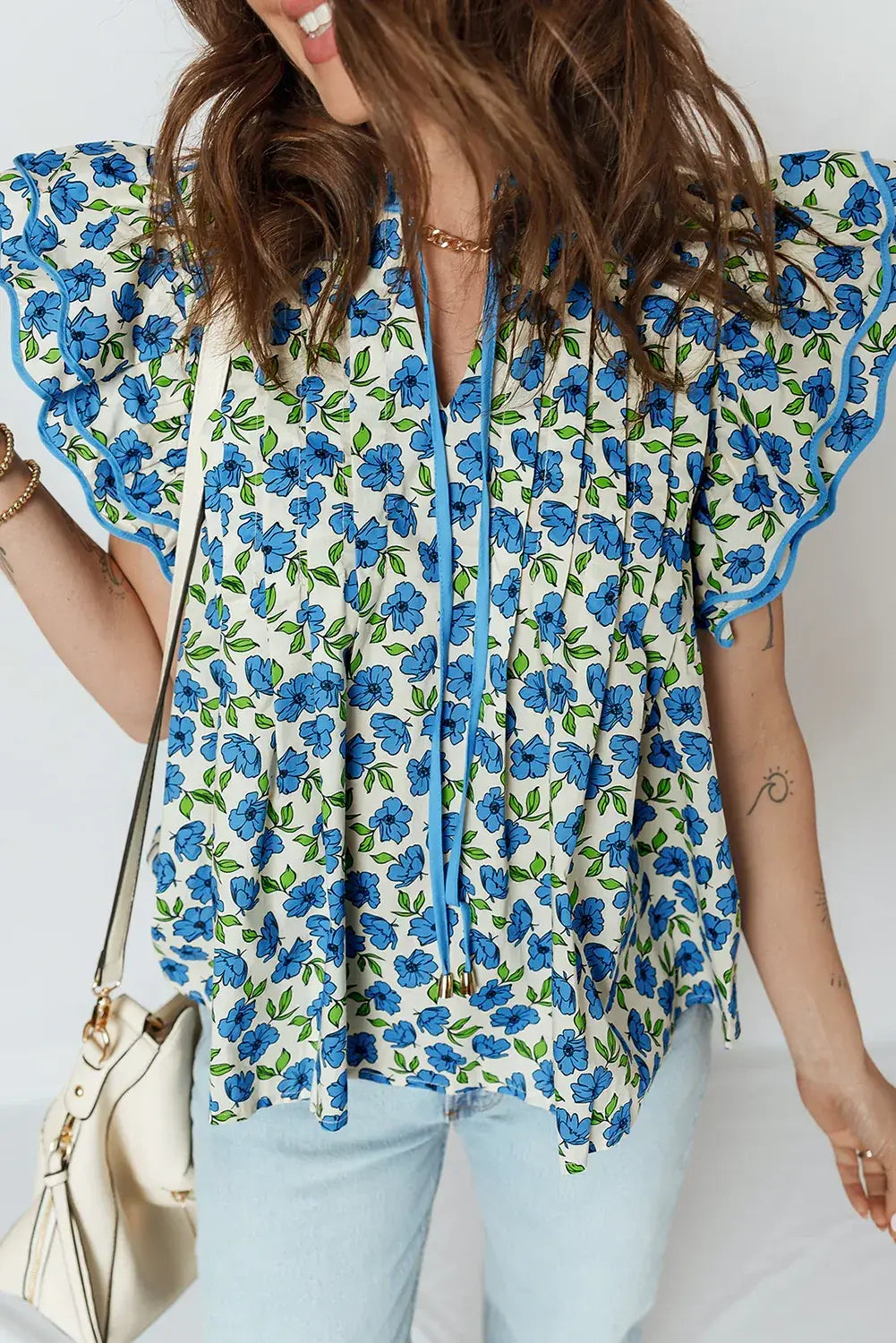Sky Blue Tiered Flutter Sleeve Pleated Flower Blouse